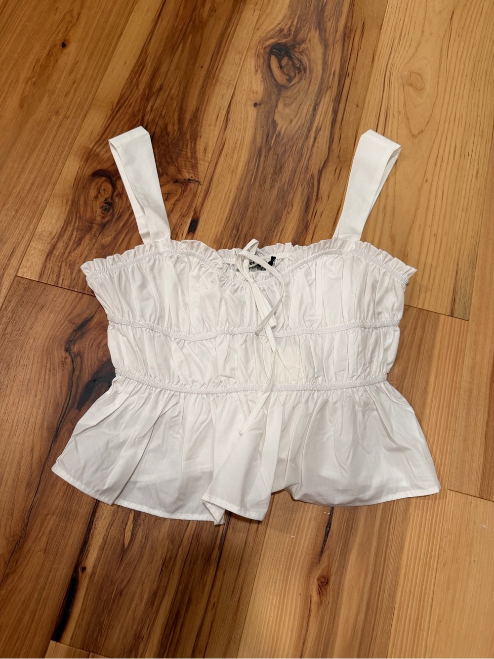 White Smocked Peplum Tank Top with Tie Front